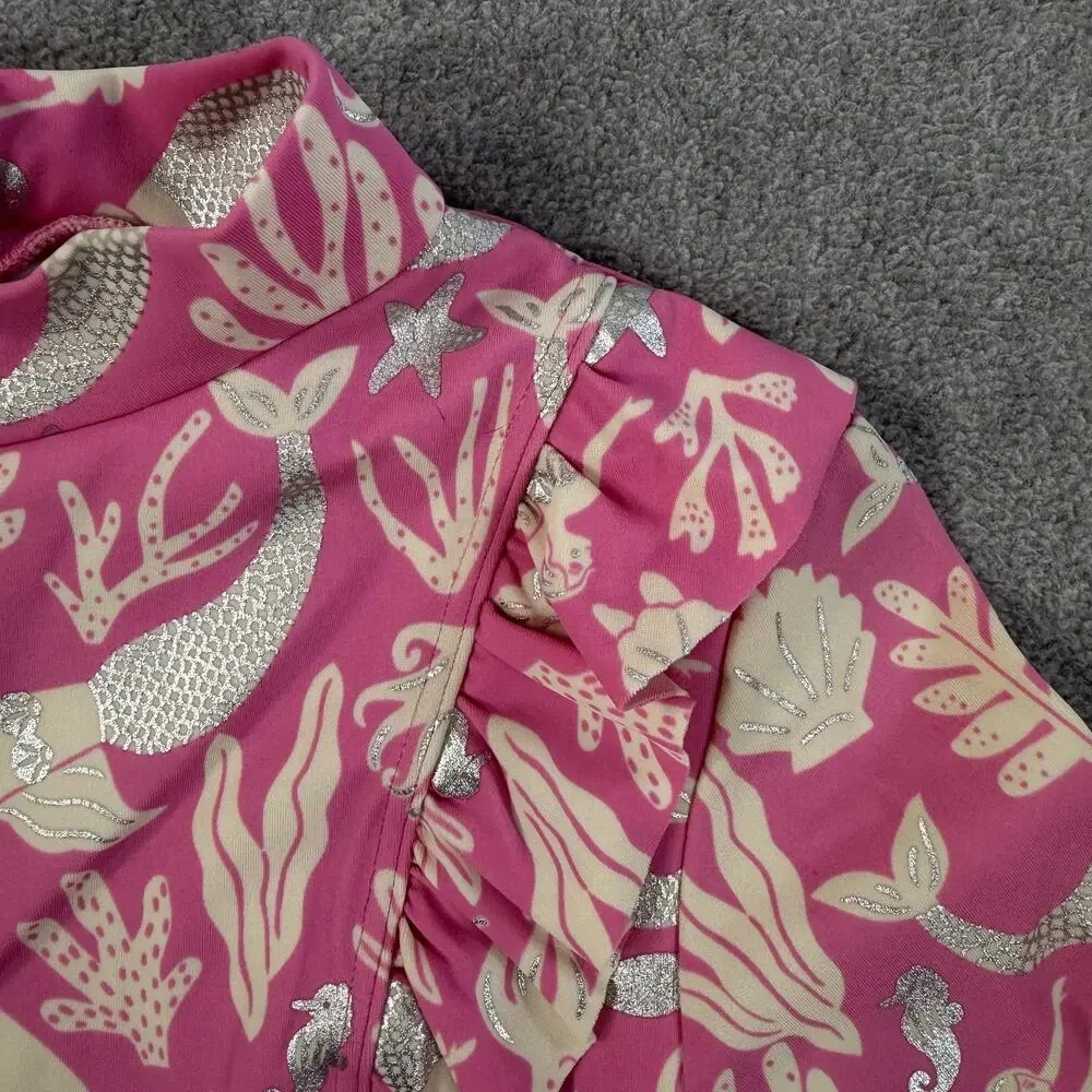 Boden Girls 9-10Y Pink Mermaid Dolphin Print Long Sleeve Ruffle Swimsuit Zipper
